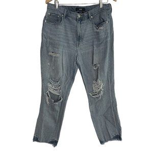 Aero Mom Jeans High Waist Destroyed Ripped Blue Medium Wash Raw Hem Womens 14